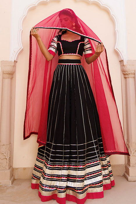 Blackened Pearl and Pink Cotton Lehenga Set