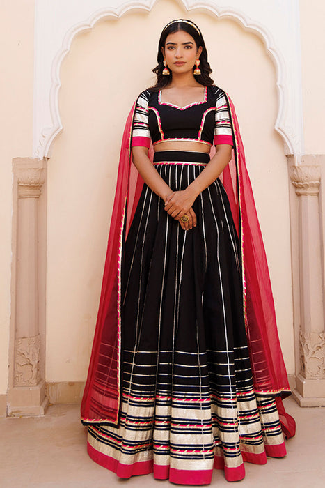 Blackened Pearl and Pink Cotton Lehenga Set