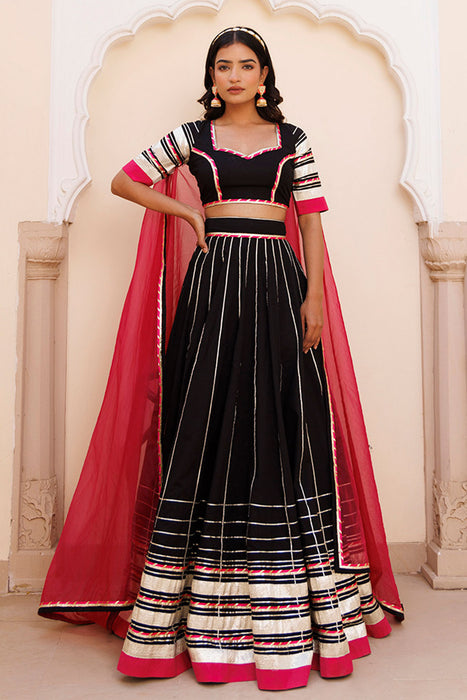 Blackened Pearl and Pink Cotton Lehenga Set
