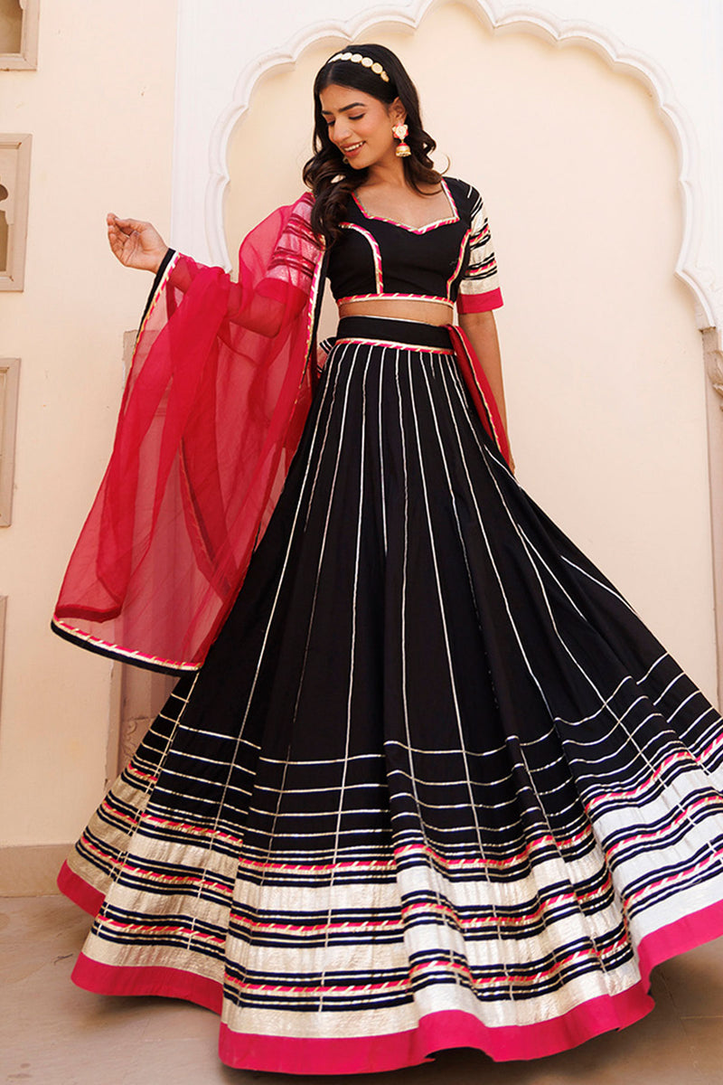 Blackened Pearl and Pink Cotton Lehenga Set