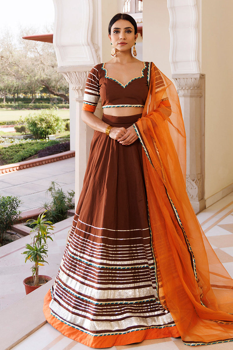 Brunette Brown and Orange Cotton Lehenga Set