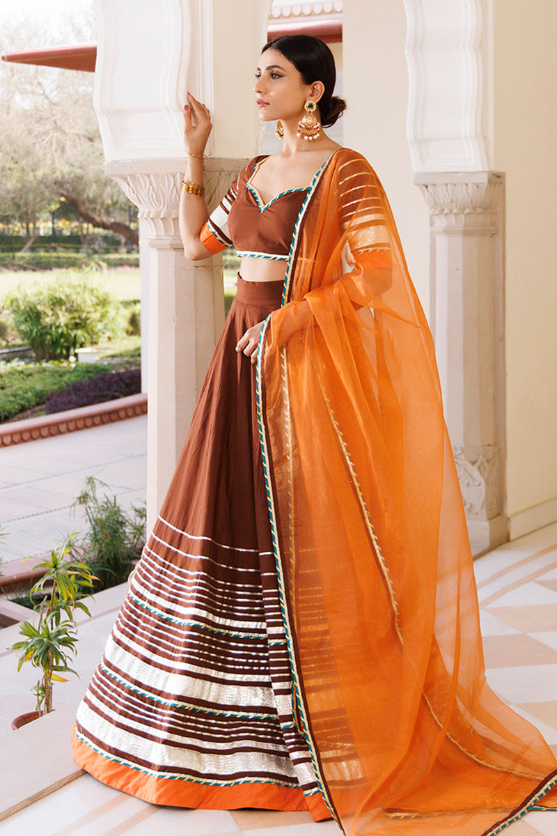Brunette Brown and Orange Cotton Lehenga Set