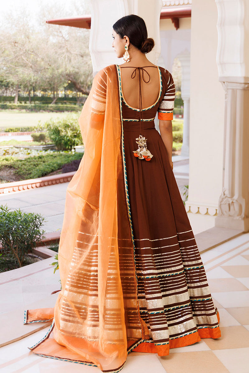 Brunette Brown and Orange Cotton Lehenga Set
