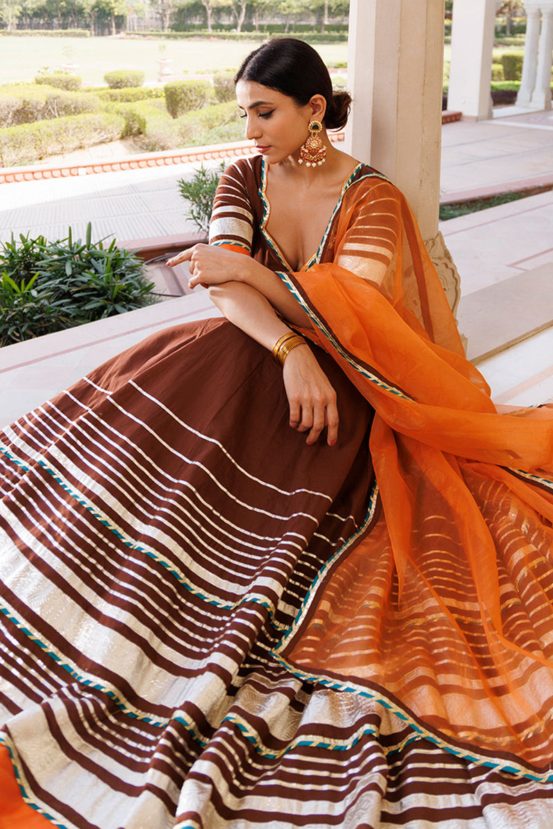 Brunette Brown and Orange Cotton Lehenga Set