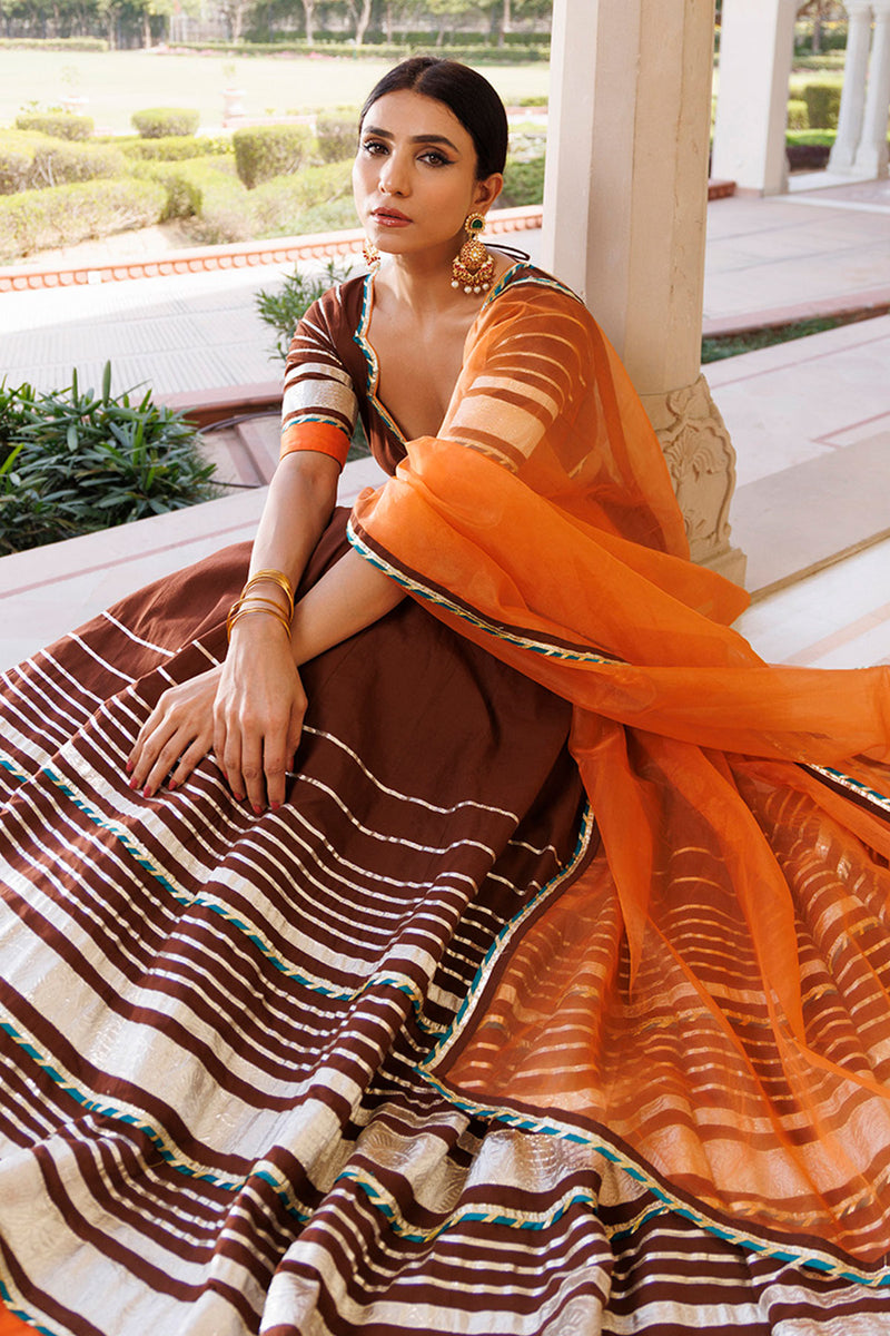 Brunette Brown and Orange Cotton Lehenga Set