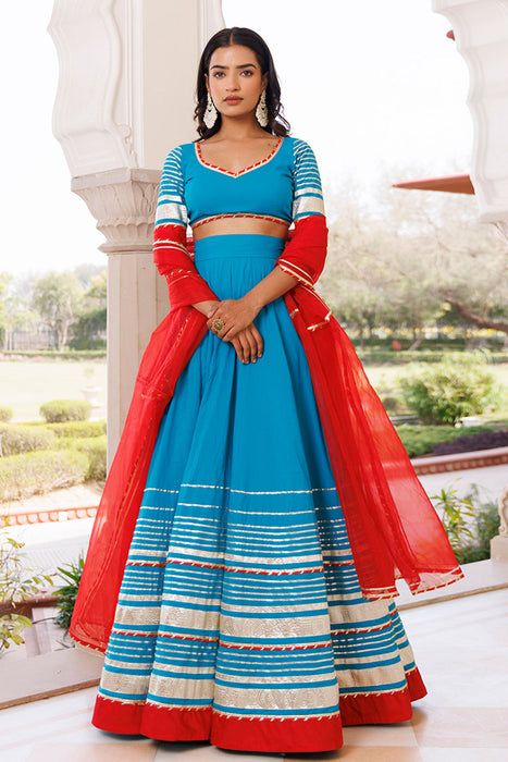 Palace Blue and Red Cotton Lehenga Set