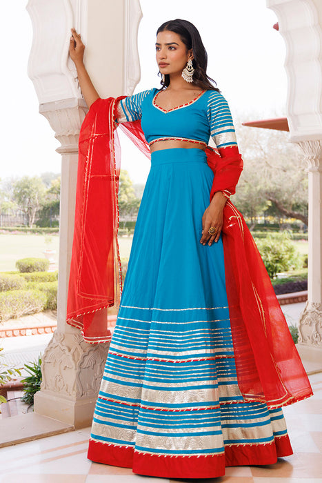Palace Blue and Red Cotton Lehenga Set