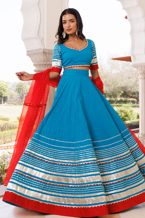 Palace Blue and Red Cotton Lehenga Set