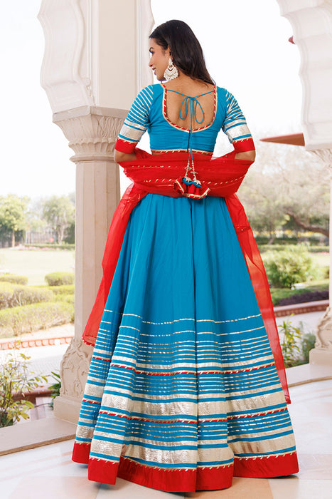 Palace Blue and Red Cotton Lehenga Set