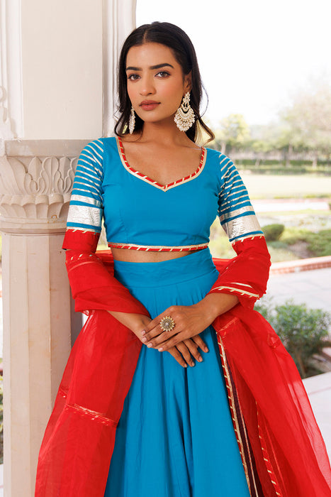 Palace Blue and Red Cotton Lehenga Set