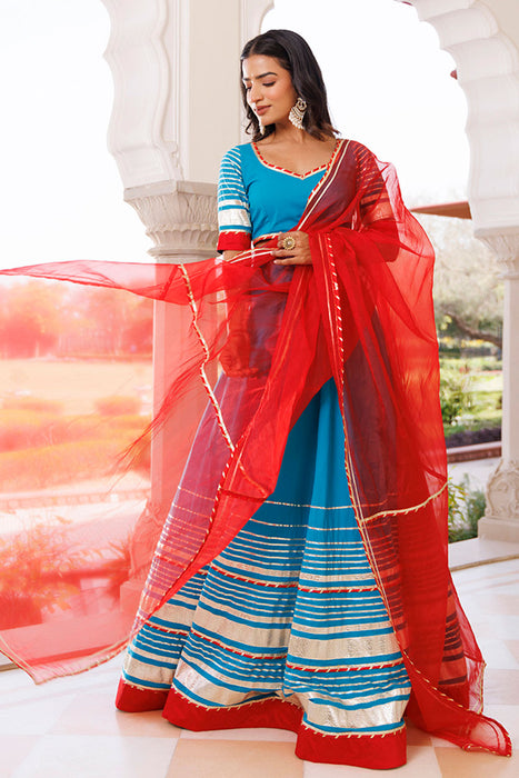 Palace Blue and Red Cotton Lehenga Set
