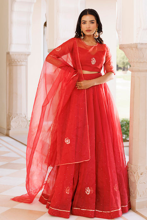 Savvy Red Mukaish Work Lehenga Set