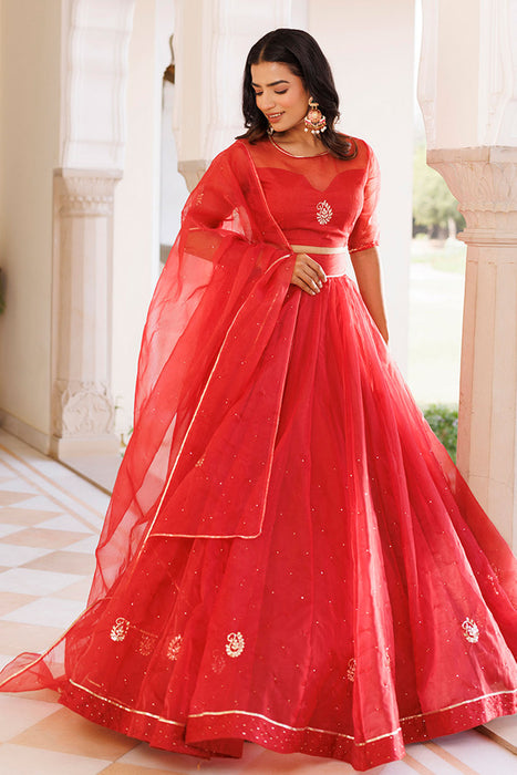 Savvy Red Mukaish Work Lehenga Set