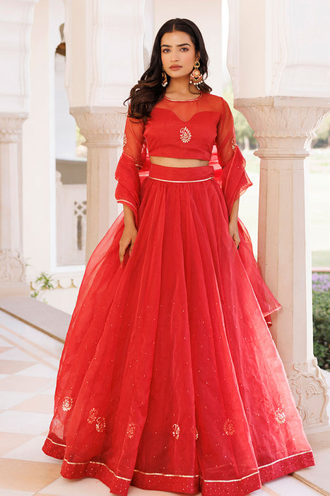 Savvy Red Mukaish Work Lehenga Set