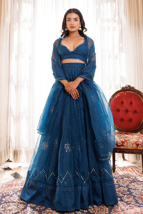 Mosaic Blue Organza Lehenga Set