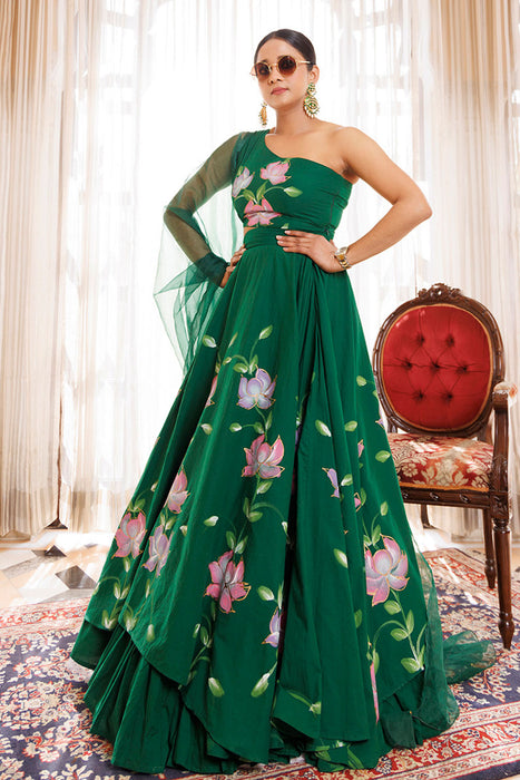 Water Garden Green Brushpainted Cotton Lehenga Set