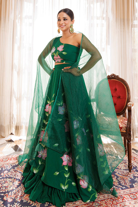 Water Garden Green Brushpainted Cotton Lehenga Set