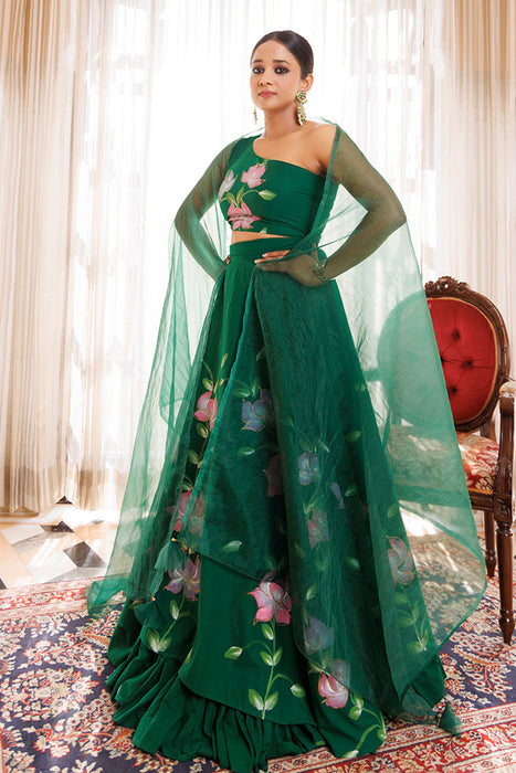 Water Garden Green Brushpainted Cotton Lehenga Set