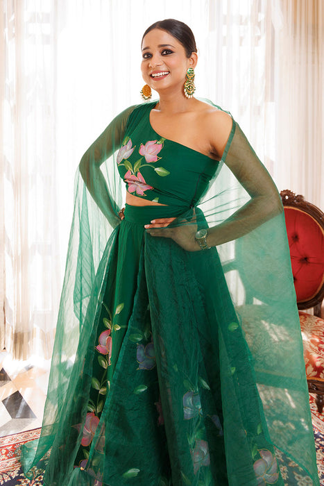 Water Garden Green Brushpainted Cotton Lehenga Set