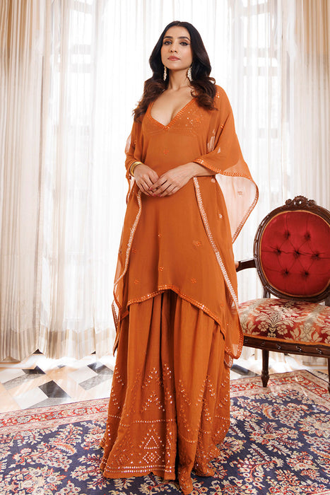 Rustic Brown Cotton Embroidered Garara Set