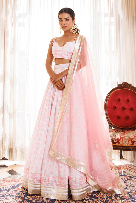 Barely Pink and White Handblock Printed Cotton Lehenga Set