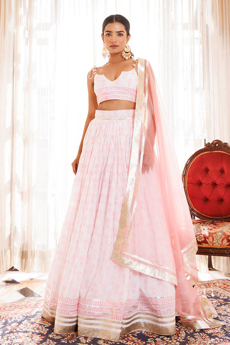 Barely Pink and White Handblock Printed Cotton Lehenga Set