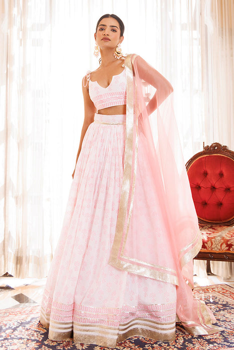 Barely Pink and White Handblock Printed Cotton Lehenga Set