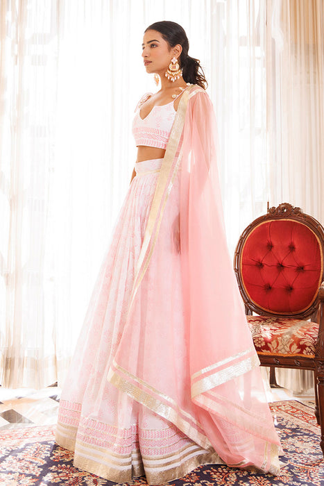 Barely Pink and White Handblock Printed Cotton Lehenga Set