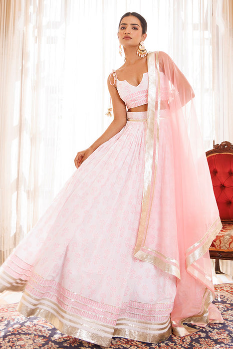 Barely Pink and White Handblock Printed Cotton Lehenga Set