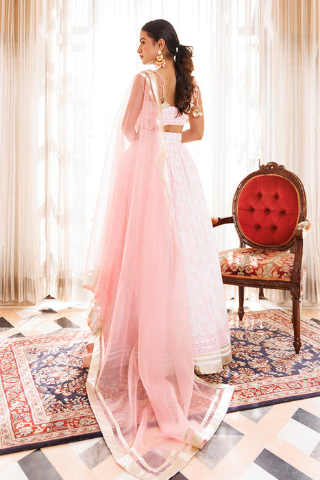 Barely Pink and White Handblock Printed Cotton Lehenga Set