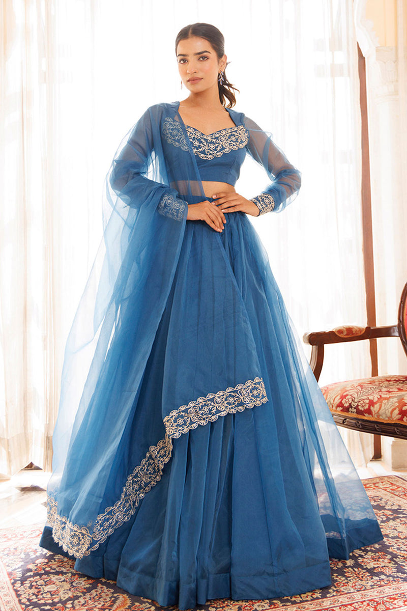 Navy Blue Organza Lehenga Set