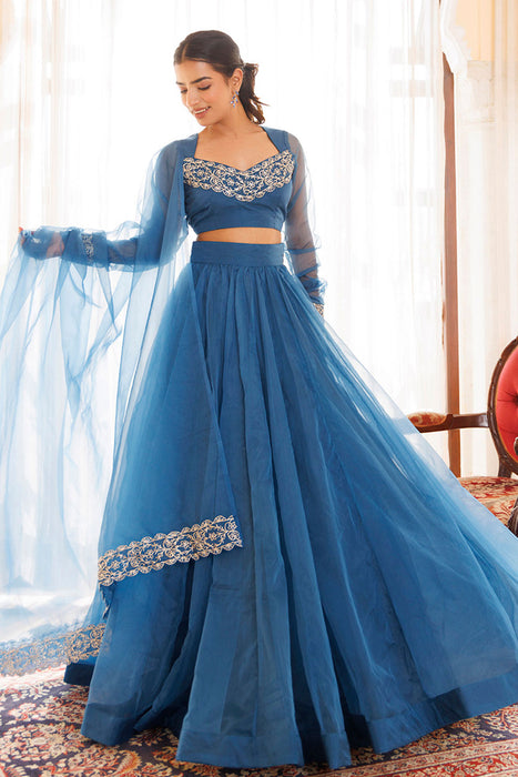 Navy Blue Organza Lehenga Set