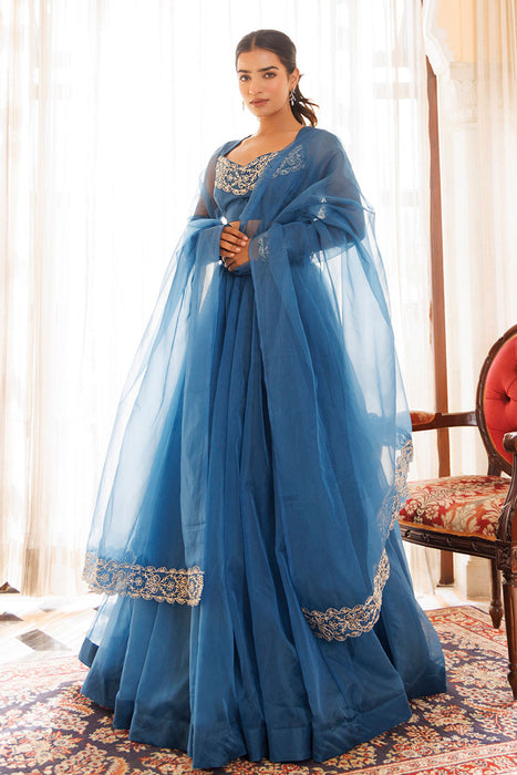 Navy Blue Organza Lehenga Set