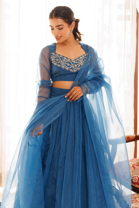 Navy Blue Organza Lehenga Set