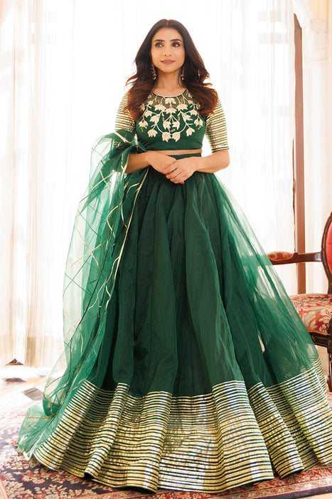Emerald Green Organza Lehenga Set