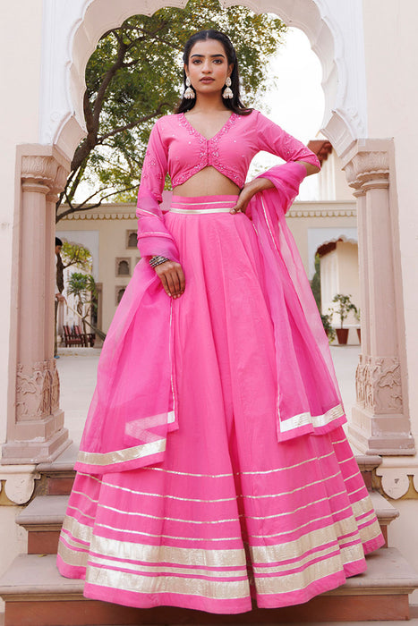 Pink Handwork Cotton Lehenga Set