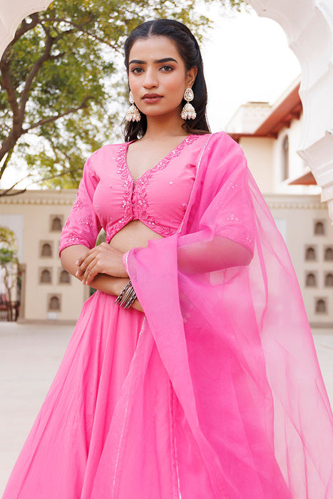 Pink Handwork Cotton Lehenga Set