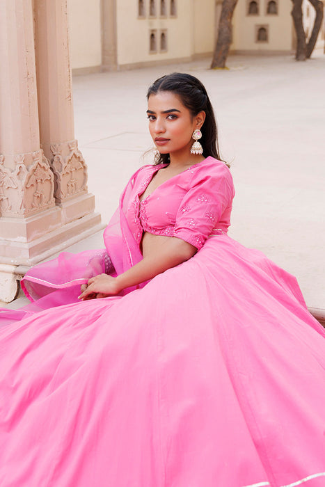 Pink Handwork Cotton Lehenga Set