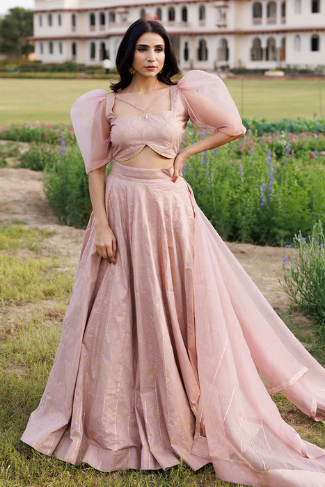 Rose Shadow Pink Handblock Printed Lehenga Set