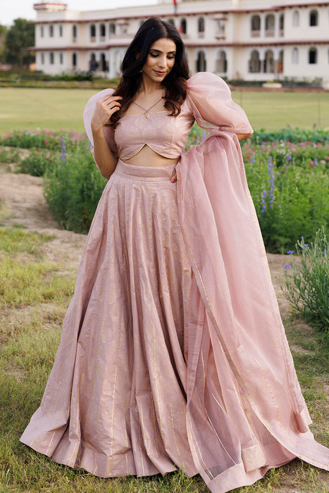 Rose Shadow Pink Handblock Printed Lehenga Set