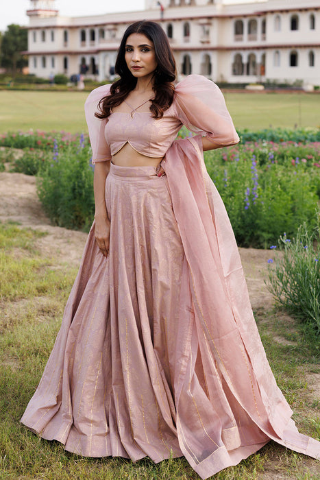 Rose Shadow Pink Handblock Printed Lehenga Set