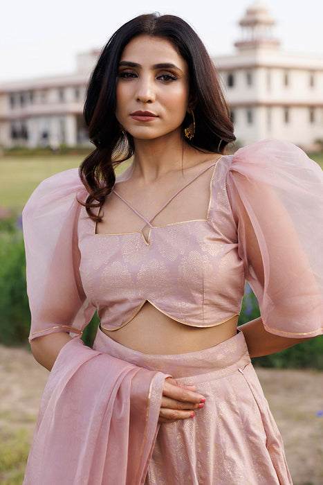 Rose Shadow Pink Handblock Printed Lehenga Set