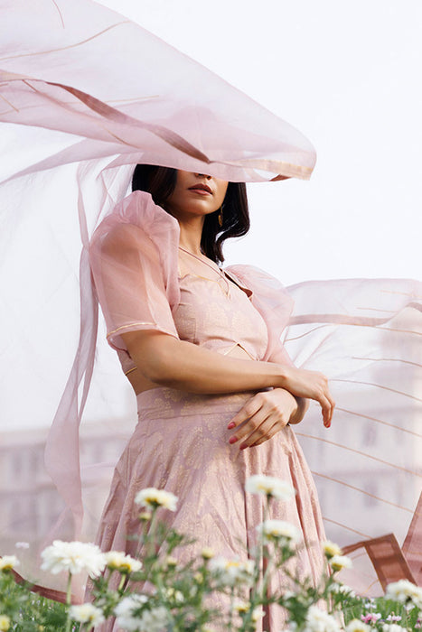 Rose Shadow Pink Handblock Printed Lehenga Set