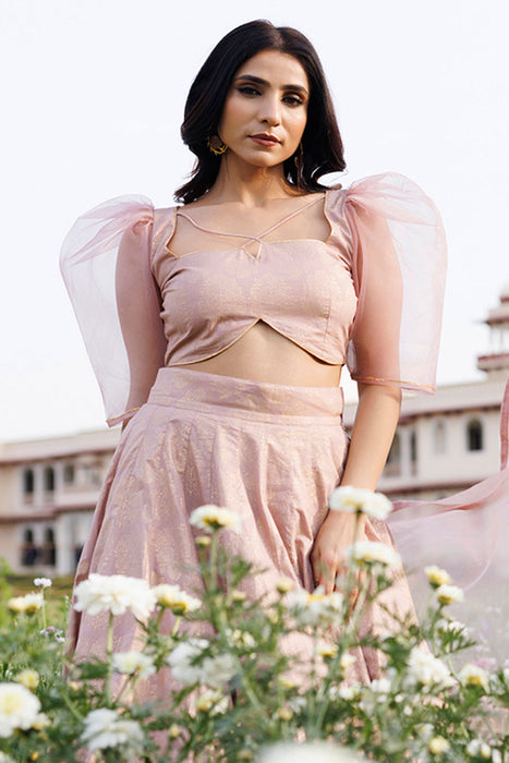 Rose Shadow Pink Handblock Printed Lehenga Set