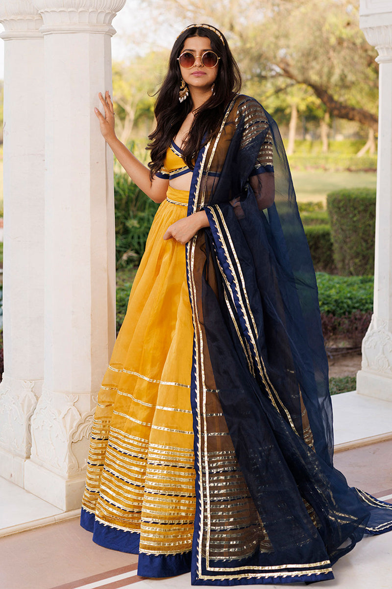 Sunset Gold Yellow and Navy Blue Lehenga Set