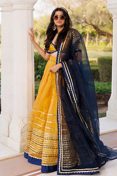 Sunset Gold Yellow and Navy Blue Lehenga Set