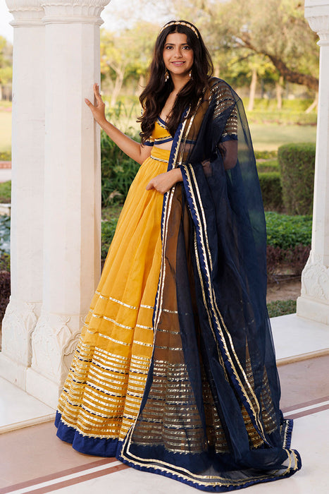 Sunset Gold Yellow and Navy Blue Lehenga Set