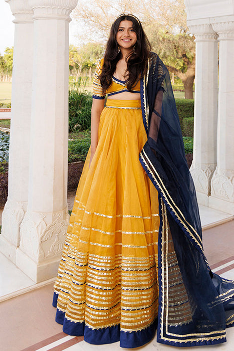 Sunset Gold Yellow and Navy Blue Lehenga Set