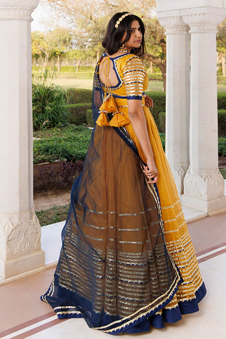 Sunset Gold Yellow and Navy Blue Lehenga Set
