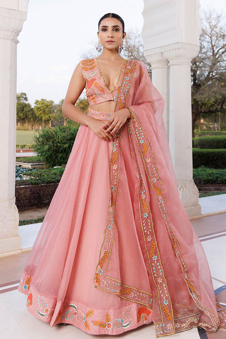 Peach Fuzz Embroidered Organza Lehenga Set